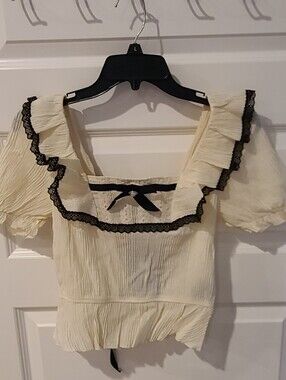 Cream Square-Neck Ruffle Blouse with Black Lace Trim